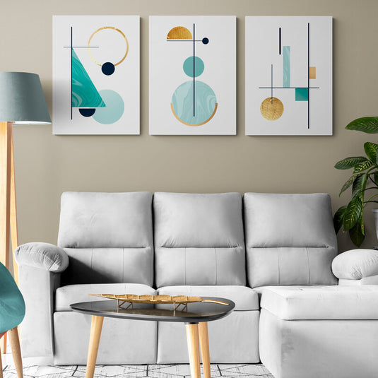 Set de cuadros minimalistas en fondo blanco: formas geométricas turquesa, detalles en negro y toques de amarillo dorado.