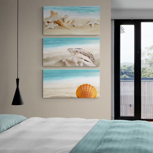 Tríptico con conchas y estrellas de mar en la arena, una concha con perla, y una concha naranja