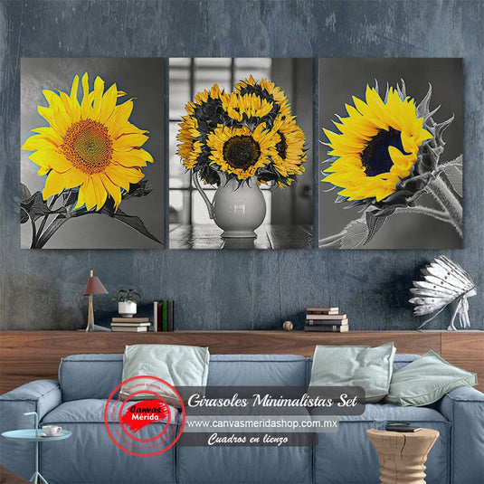 Set de cuadros decorativos en fondo gris: girasoles amarillos con estética fotográfica.