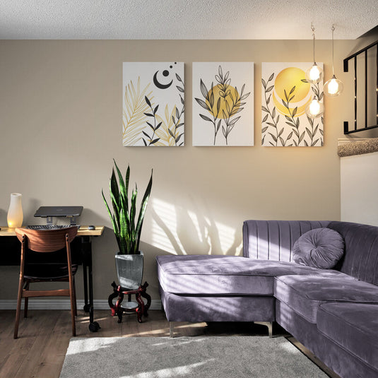 Tríptico Botánico con Elementos Celestiales en Tonos Dorados y Ocre