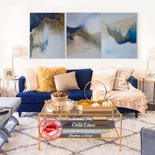 Set de cuadros decorativos con gradiente de azules y líneas danzantes en amarillo dorado