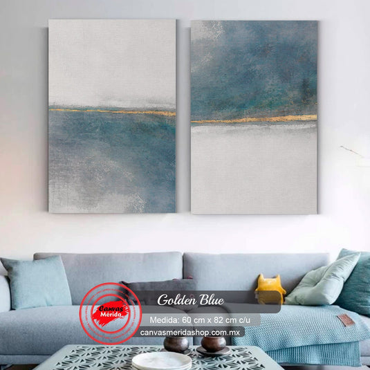 Díptico abstracto con horizonte en azules desaturados y franja dorada centra