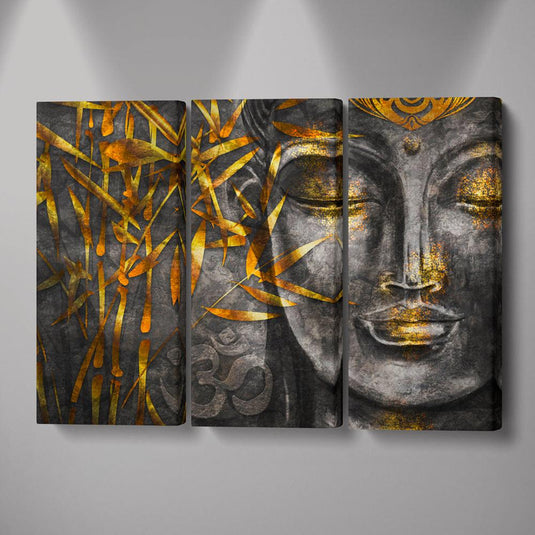 Tríptico de Buda con hojas de bambú doradas y símbolos espirituales.