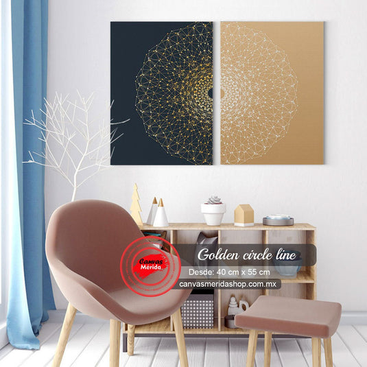 Set de cuadros díptico: fondo negro con diseño circular amarillo y fondo beige con diseño circular blanco, formando una imagen unificada al juntarse.