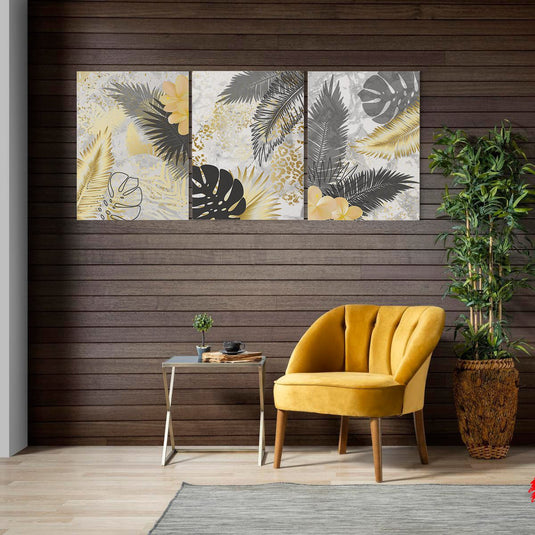 Set_Cuadros_Verticales_Hojas_Doradas_Negras_Fondo_Gris_Blanco_Diseño_Elegante