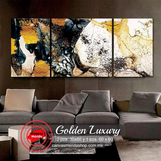 Set de 3 cuadros abstractos modernos Golden Luxury Fluid Painting dorado y negro
