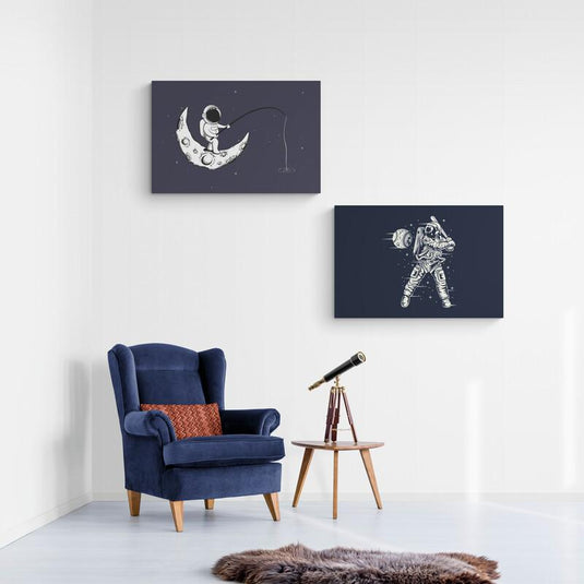 Díptico astronauta pescando estrellas y jugando béisbol