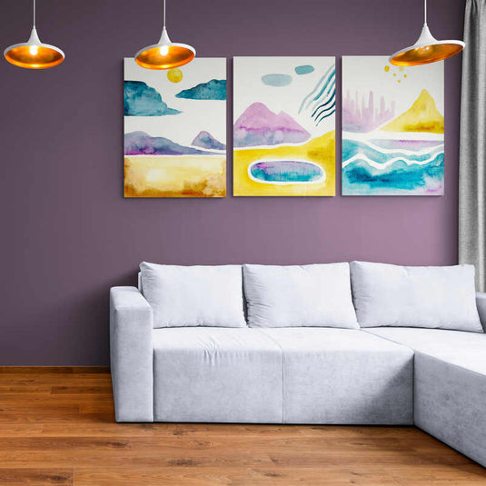 Paisajes abstractos en acuarela con montañas y cielos en colores vibrantes