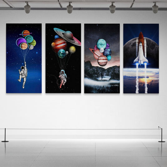 Set de cuadros decorativos surrealistas con astronautas y planetas-globo flotando en el espacio – arte cósmico y moderno ideal para amantes del universo y la imaginación