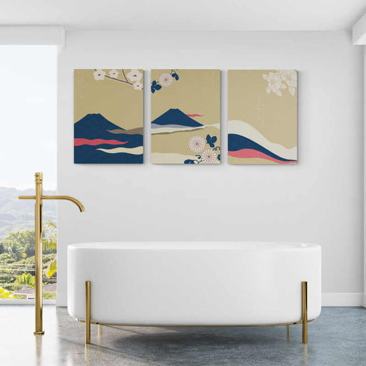 Tríptico estilizado con monte Fuji y flores de cerezo en estilo tradicional japonés
