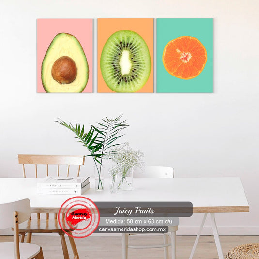 Tríptico decorativo cortes transversales aguacate kiwi naranja