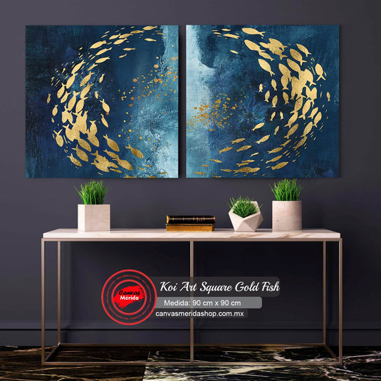 Set de cuadros minimalistas: fondo azul marino con peces amarillo dorado destacados