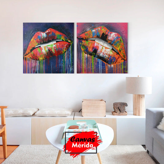 Pintura díptica abstracta de labios a punto de besarse