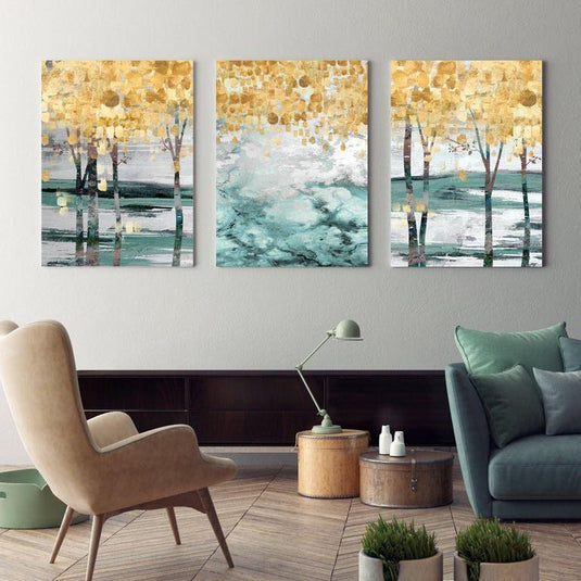 Set de 3 Cuadros Decorativos Con Árboles y Hojas Brillantes en Amarillo, Complementados con Verdes, Blancos, Grises y Negros