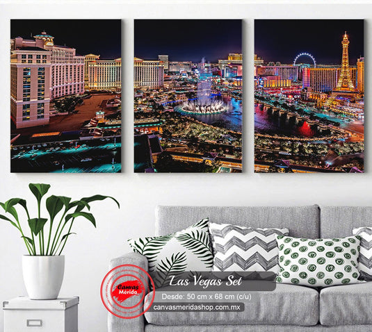 Cuadro tríptico decorativo Las Vegas de noche, paisaje urbano