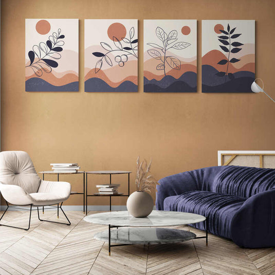 Serie de Cuatro Paneles Decorativos con Diseño Minimalista de Follaje y Paisajes Montañosos Abstractos en Tonos Tierra