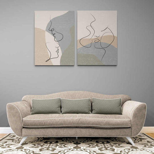 Arte Decorativo Minimalista con Perfiles Lineales y Abstractos Representando un Beso en Tonos Neutros
