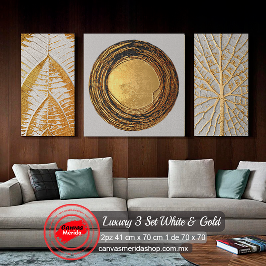 Set de 3 cuadros abstractos modernos lineales con detalles dorados