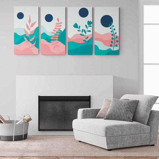 Set de Cuadros Abstractos con Montañas Pastel y Elementos Botánicos