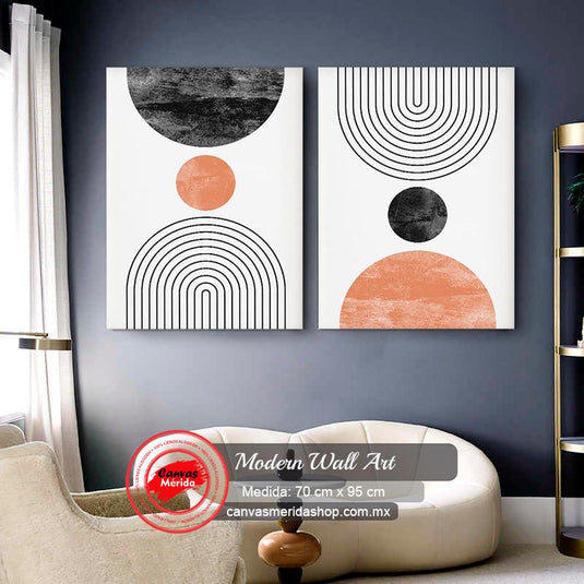 Set de cuadros decorativos con líneas en arco, círculo central naranja y negro, y diseño inverso en segundo cuadro