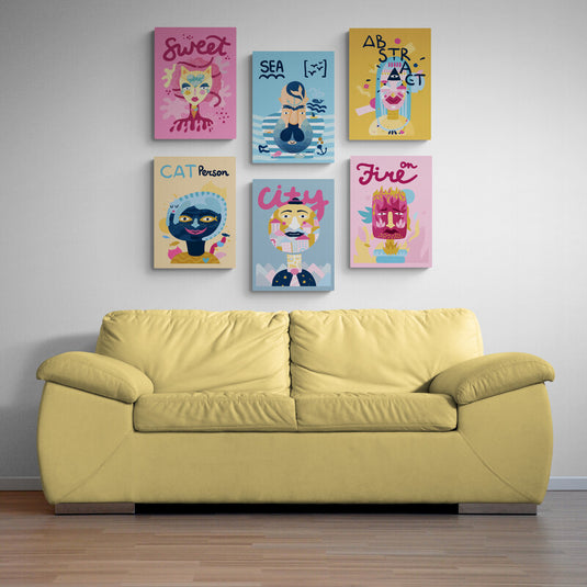 Set de cuadros decorativos con ilustraciones coloridas y tipografía pop – arte moderno y lúdico con personajes expresivos y palabras como Sweet, Sea, Abstract y City