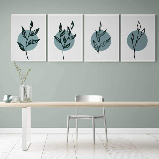 Conjunto de Cuadros Decorativos: Círculos Verdes y Ramitas Negras sobre Fondo Gris