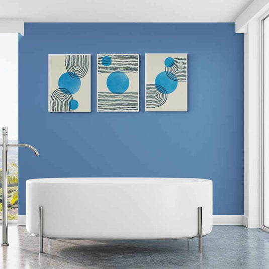 Conjunto de Cuadros Decorativos Minimalistas: Líneas Negras y Círculos Azules sobre Fondo Beige Claro