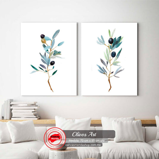 Díptico decorativo de ramas de olivo en acuarela con aceitunas negras