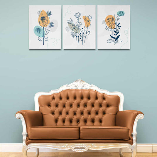 Tríptico de diseño floral estilizado en tonos naranja, azul y verde menta con detalles puntillistas