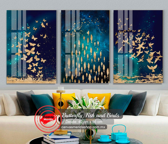 Set Peces, Mariposas y Aves (fondo azul) - Canvas Mérida Fine Print Art