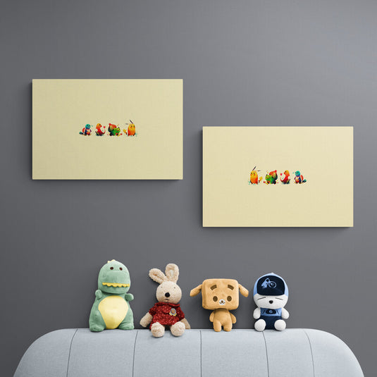 Díptico decorativo minimalista con personajes inspirados en Pokémon sobre fondo beige – arte tierno y colorido ideal para cuartos infantiles y fans de la cultura geek