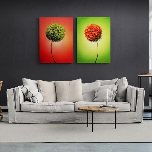 Par de Cuadros Decorativos de Árboles Inclinados - Inversión de Colores en Estilo Contemporáneo, Fondo Rojo y Verde con Hojas Contrapuestas