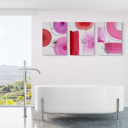 Acuarelas abstractas en tonos rosados con ilustraciones florales lineales