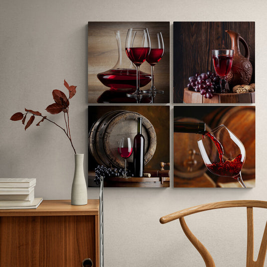 Set de cuadros decorativos con copas de vino tinto, uvas y barricas – arte fotográfico elegante ideal para cocinas, comedores y espacios gourmet