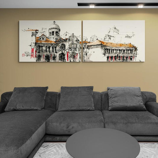 Díptico de acuarela y tinta de arquitectura urbana con cúpulas y arcos