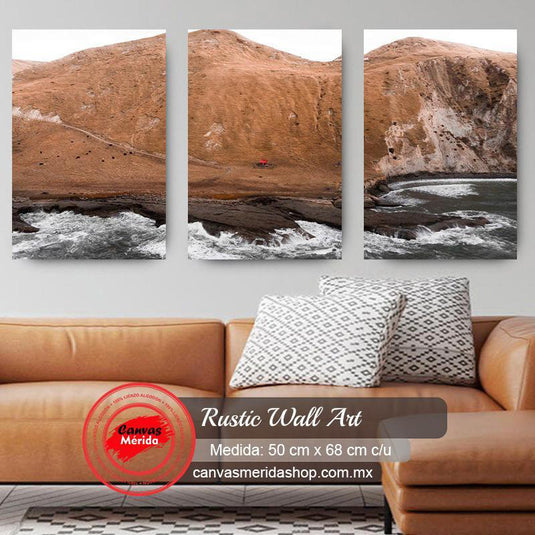 Tríptico fotográfico panorámico de costa rocosa con estructura roja y mar agitado