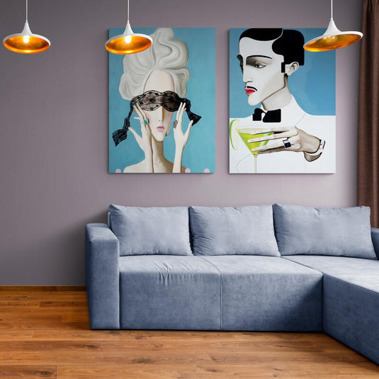 Díptico decorativo Art Déco de mujer con antifaz y hombre con cóctel