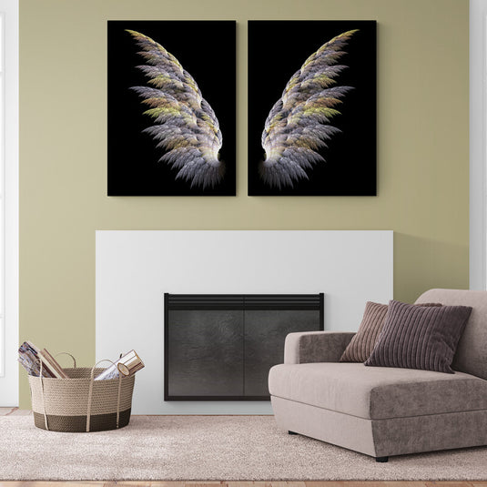 Set de cuadros con fondo negro: alas detalladas en tonos gris, verde y café, presentadas en pares complementarios.