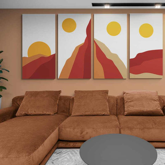 Cuadros decorativos con montañas cálidas y soles amarillos sobre fondo blanco