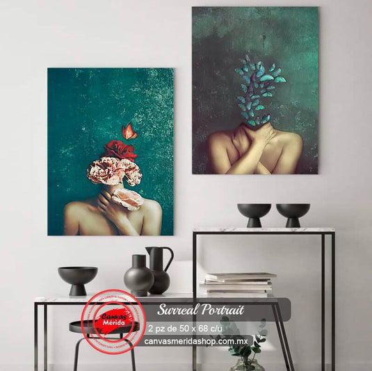 Dúo de Arte Surrealista con Figuras y Elementos Naturales