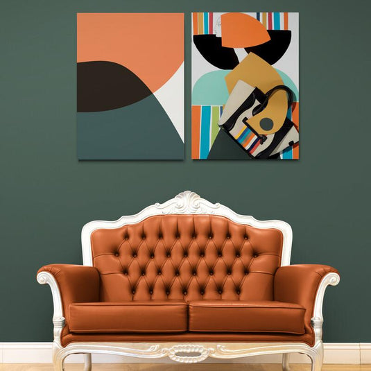 Set de cuadros minimalistas: paleta terrosa con verde militar y diseño de mujer con cabello naranja, vestimenta amarillo mostaza y rectángulos en azul, verde y naranja sobre fondo blanco