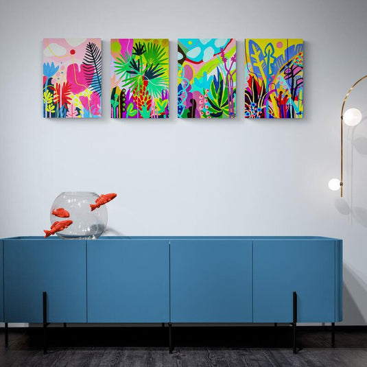 Cuadro tropical psicodélico con colores vibrantes y detalles de julianas, ramas y hojas en negro