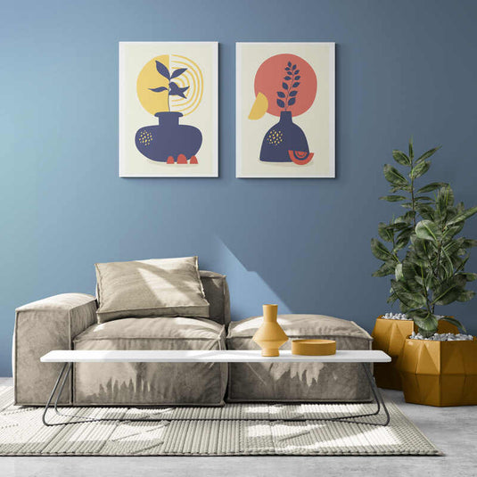 Arte Decorativo Modernista con Jarrones y Plantas Estilizados en Colores Primarios y Formas Geométricas