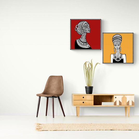 Set de cuadros con marialuisa bicolor, fondos rojo y amarillo, y silueta de mujer en blanco, negro y detalles en su vestimenta