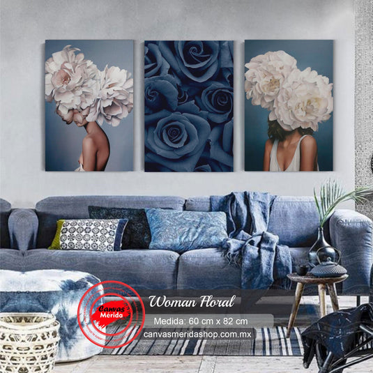 Tríptico de Metamorfosis Florales en Azul y Crema