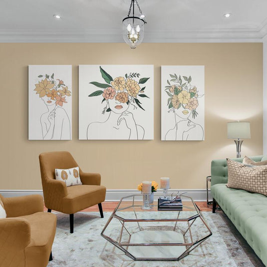 Set de 3 cuadros modernos minimalistas Rostros femeninos con flores