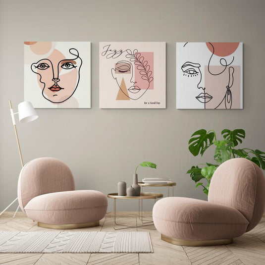 Tríptico decorativo de rostros femeninos en línea continua con formas geométricas en tonos nude – arte minimalista moderno ideal para decoración elegante y contemporánea