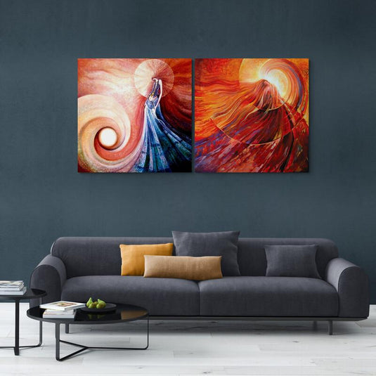 Set de cuadros decorativos con figuras femeninas abstractas envueltas en espirales de luz y color – arte expresivo en tonos cálidos ideal para espacios vibrantes y espirituales