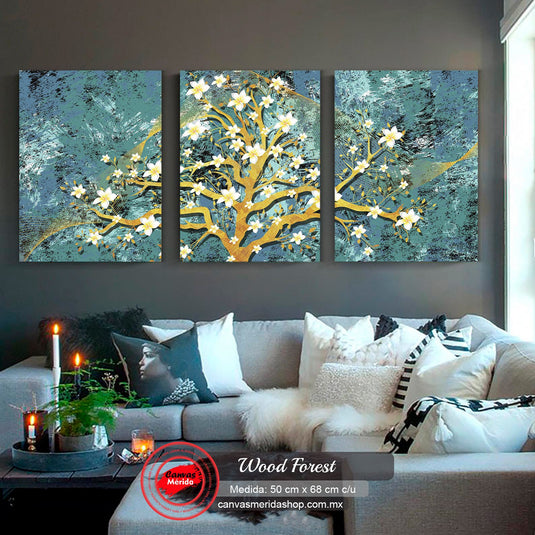 set_de_3_cuadros_decorativos_fondo_turquesa_ramas_amarillas_flores_blancas_tonos_verdes_blancos_negros