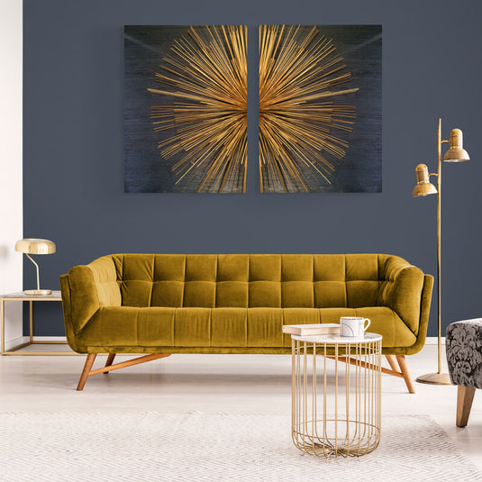 Composición artística de diseño radial dorado sobre fondo oscuro